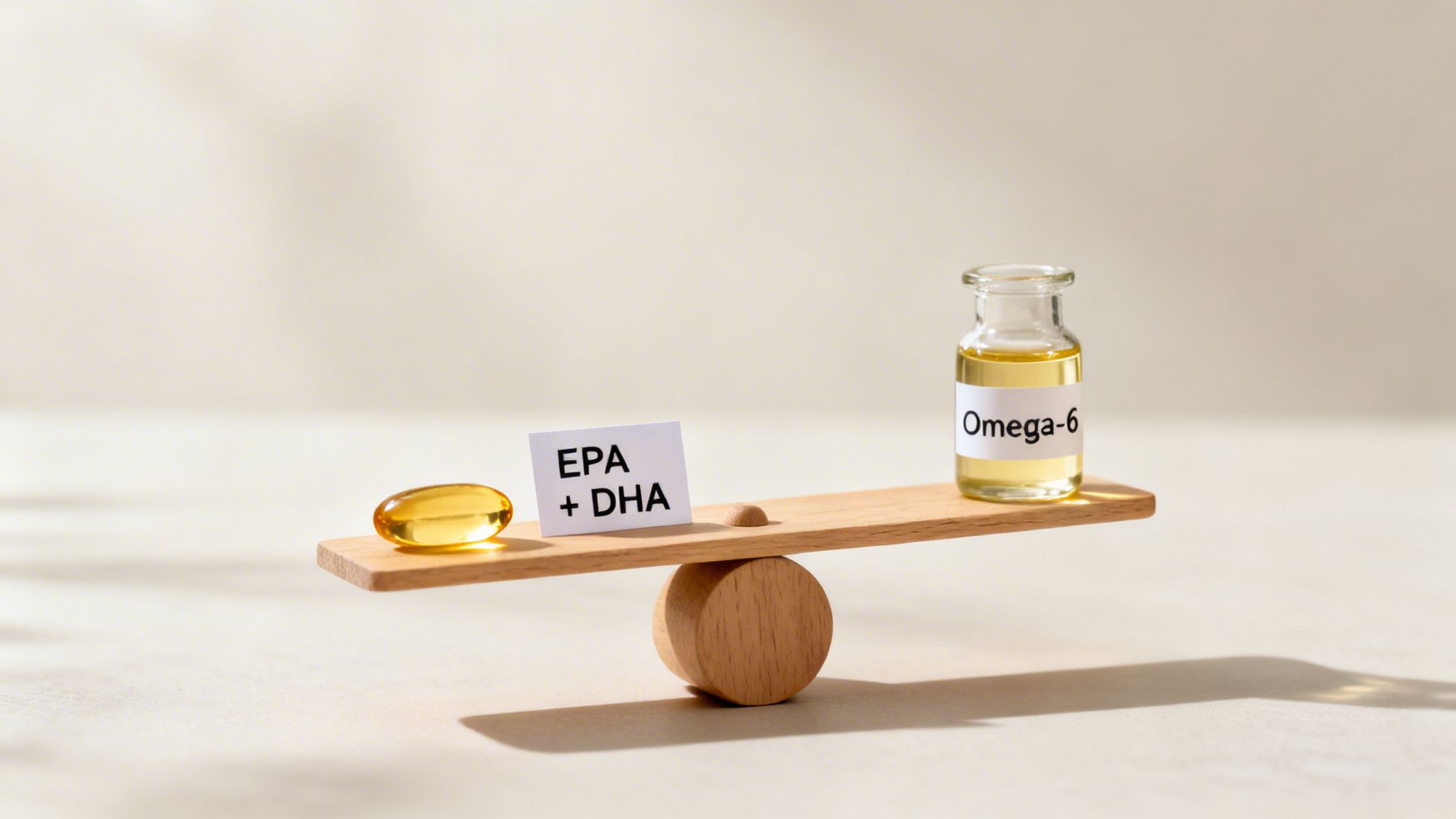 A wooden balance scale with an EPA+DHA capsule and an Omega-6 oil bottle, illustrating fatty acid balance.