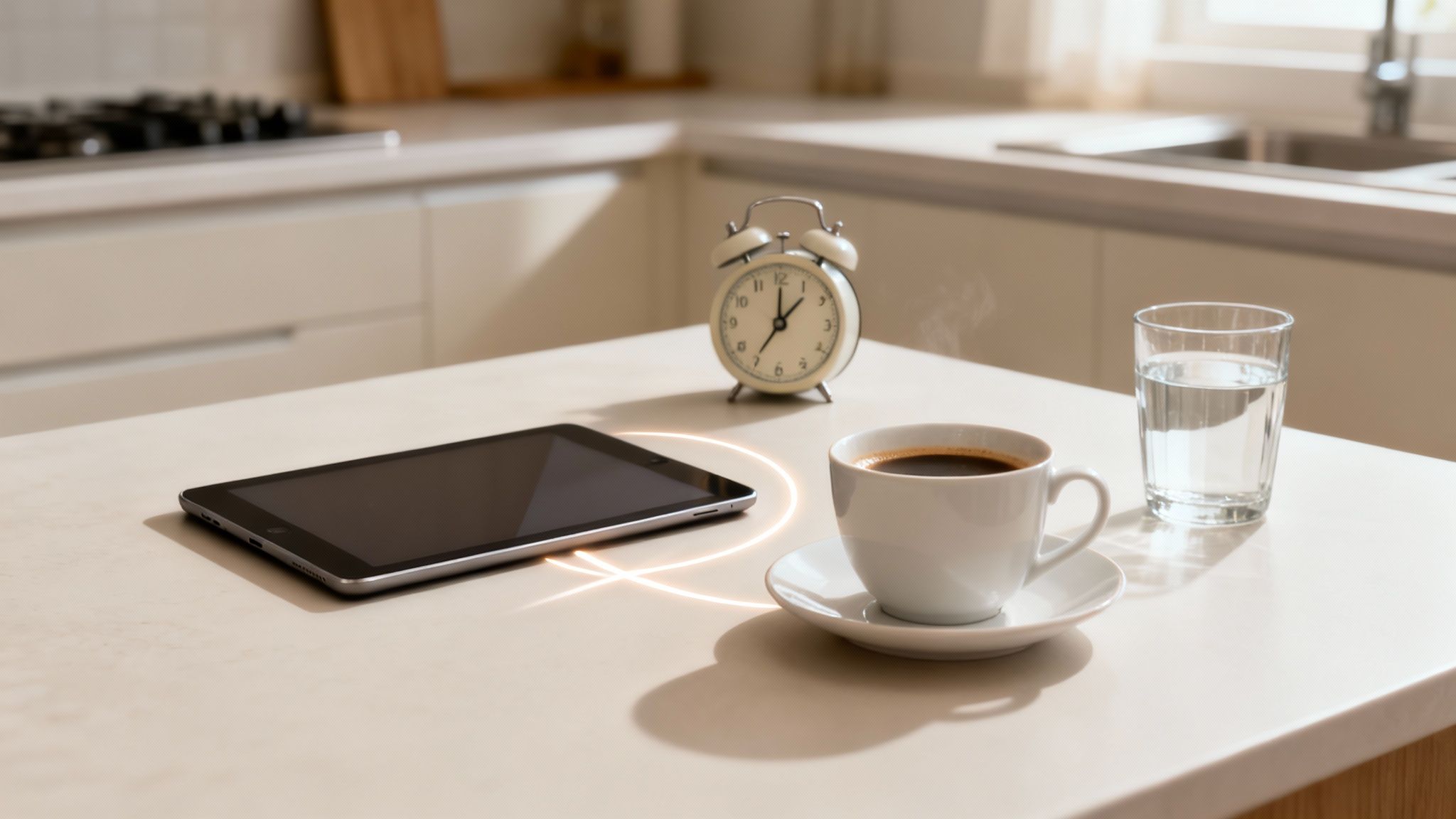 A bright kitchen counter with a tablet, alarm clock, steaming coffee, and glass of water.