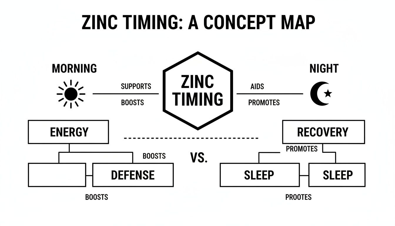 Concept map illustrating zinc timing benefits for morning energy and defense, and night recovery and sleep.