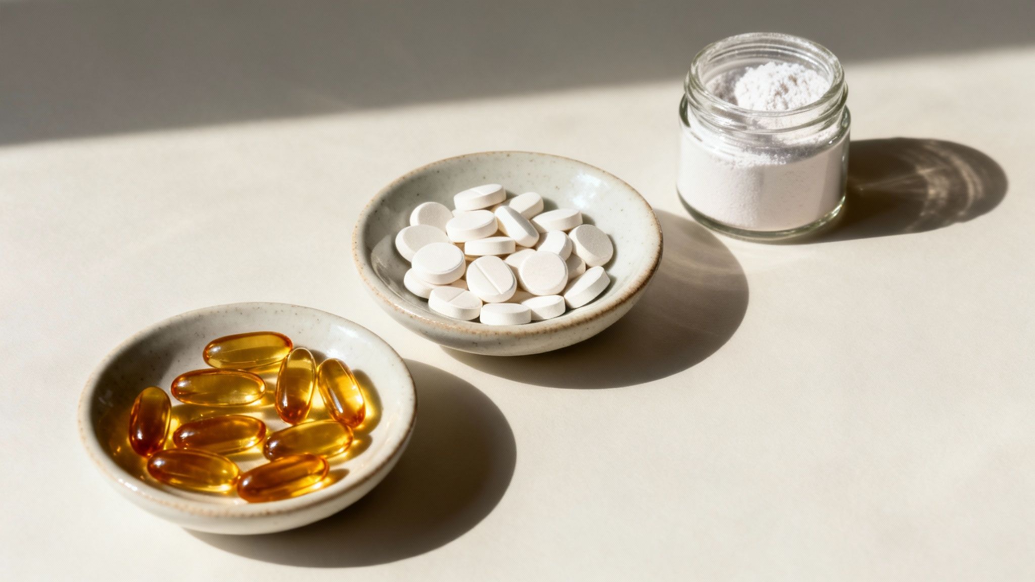 Dietary supplements including omega-3 fish oil capsules, white pills, and powder, bathed in sunlight.