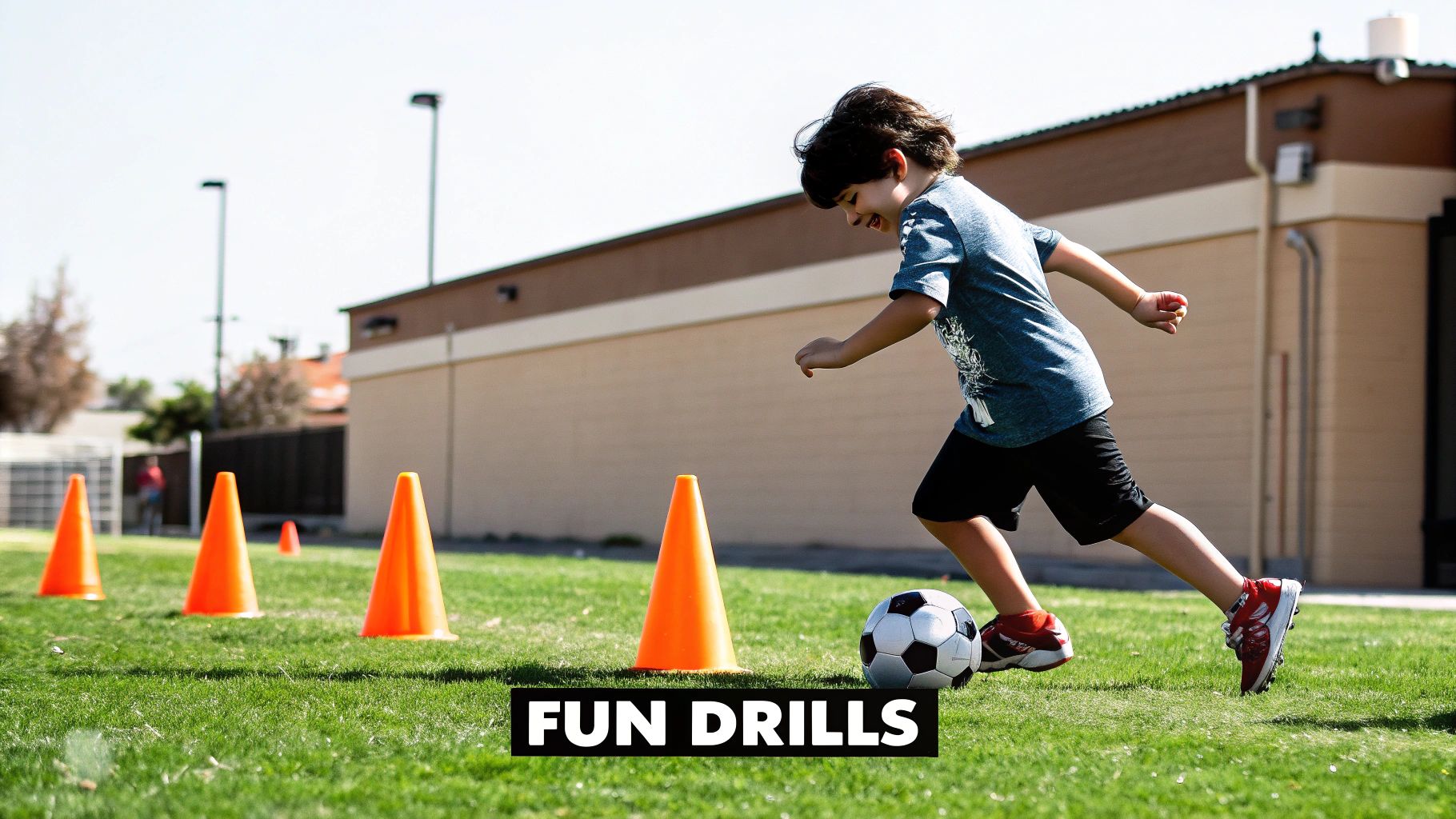 A smiling young boy dribbling a soccer ball around orange cones on a grassy field.