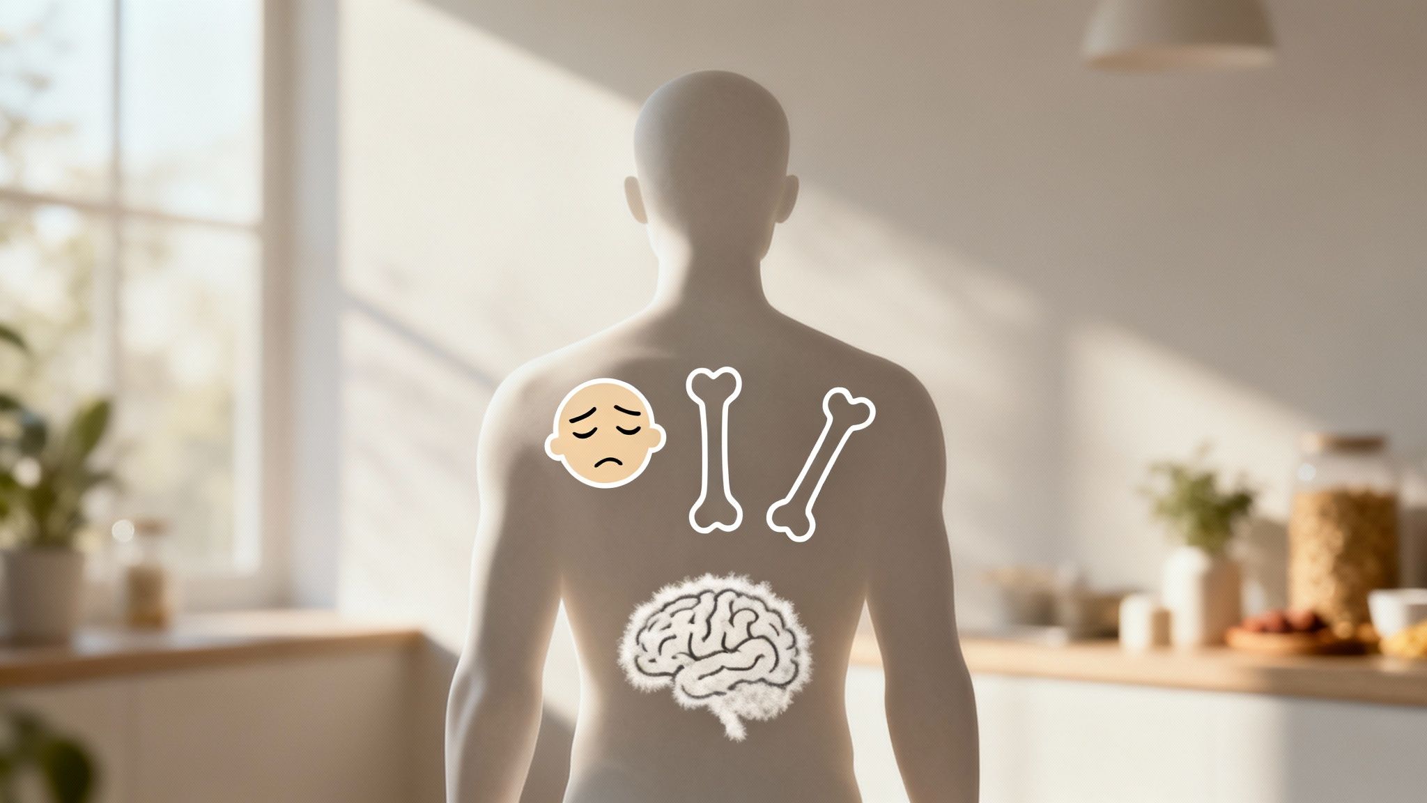 A person looking tired and thoughtful, with a backdrop of various foods, representing the link between nutrition and well-being.
