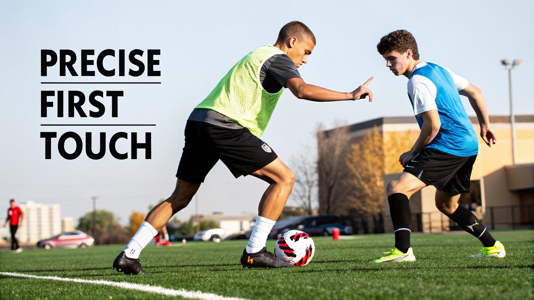 Two young male soccer players training on a field, practicing a precise first touch drill.