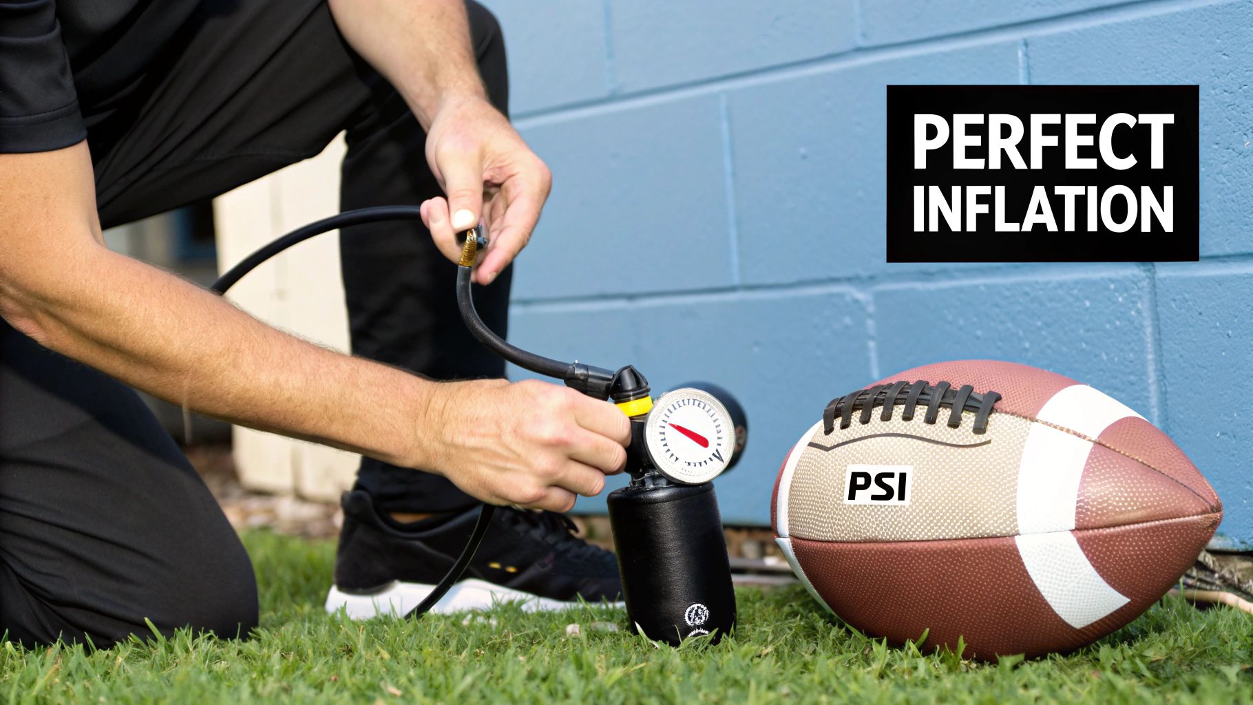 A person's hands carefully inserting the needle of an electric pump into a football valve.