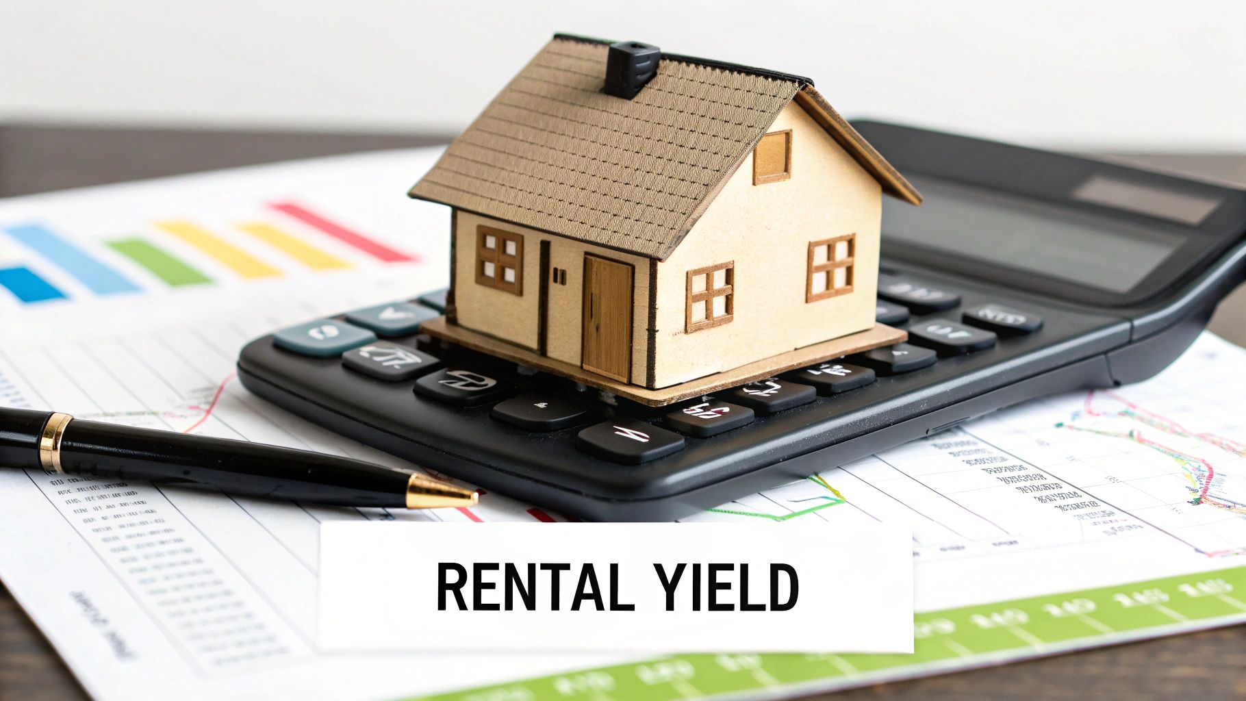 A miniature house model sits on a calculator with financial charts, a pen, and 'RENTAL YIELD' text.