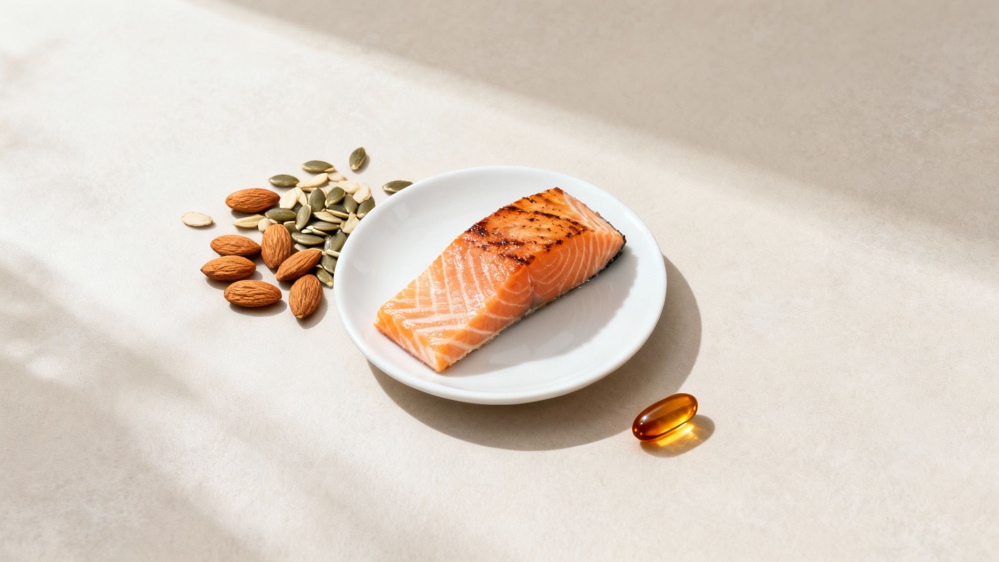 A collection of healthy fats, including avocados, nuts, and olive oil, representing Vitamin E and Omega-3 sources.