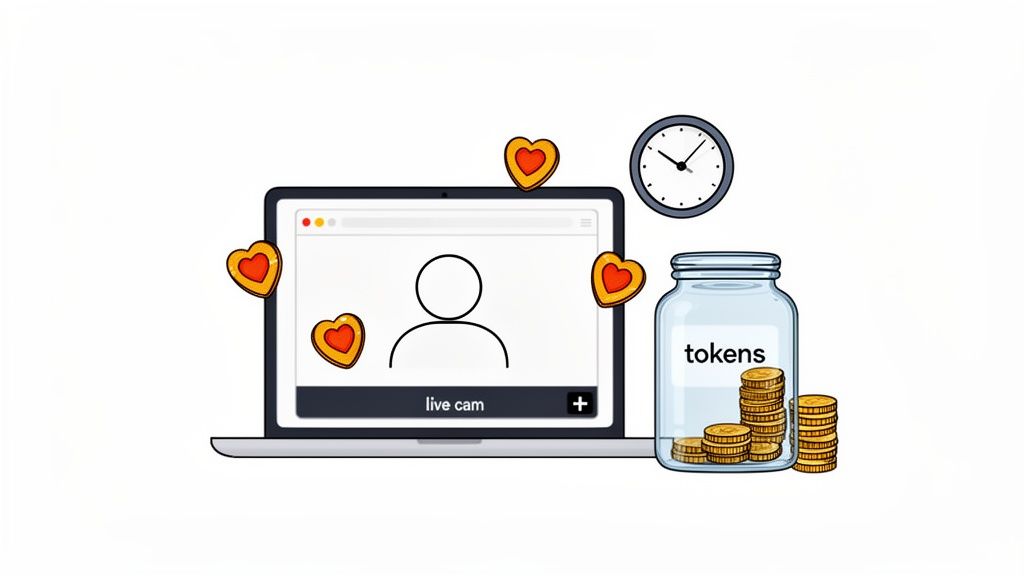Illustration of a live cam setup showing a laptop, hearts, a clock, and tokens for payment.