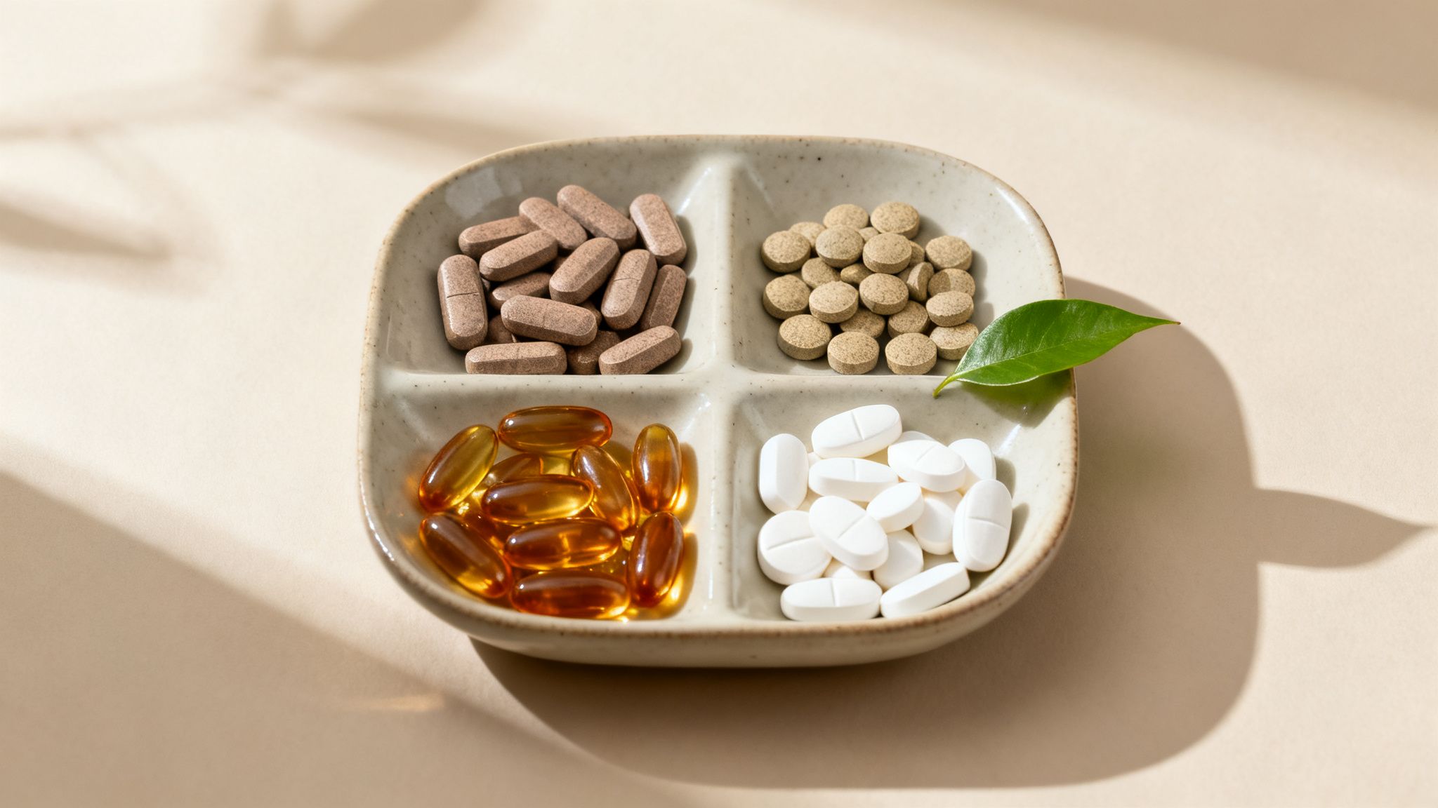 A divided dish holds various nutritional supplements: brown tablets, round beige pills, amber softgels, and white tablets, with a green leaf.