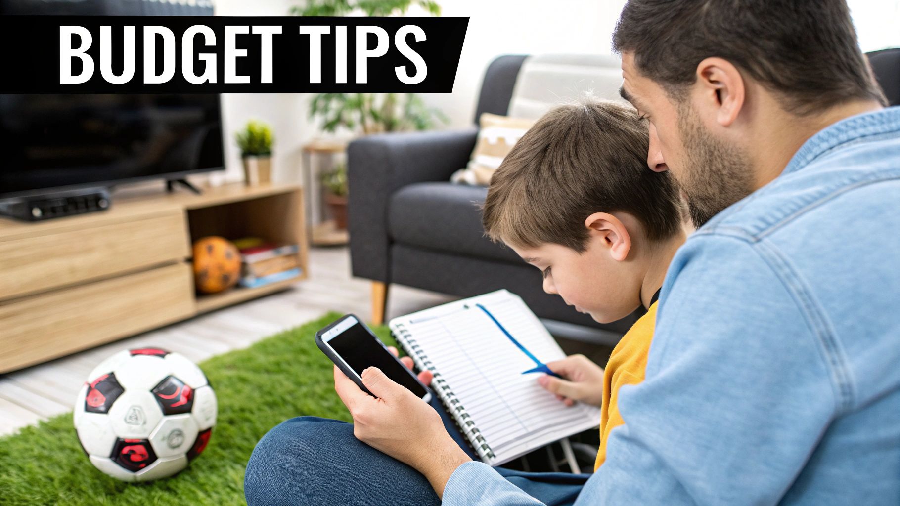 A parent and child looking at a tablet together, seemingly managing a budget.
