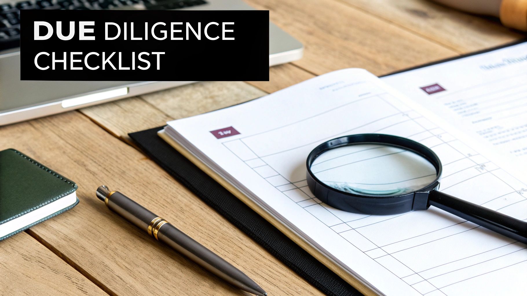 A due diligence checklist document with a magnifying glass, pen, and notebook on a wooden desk.