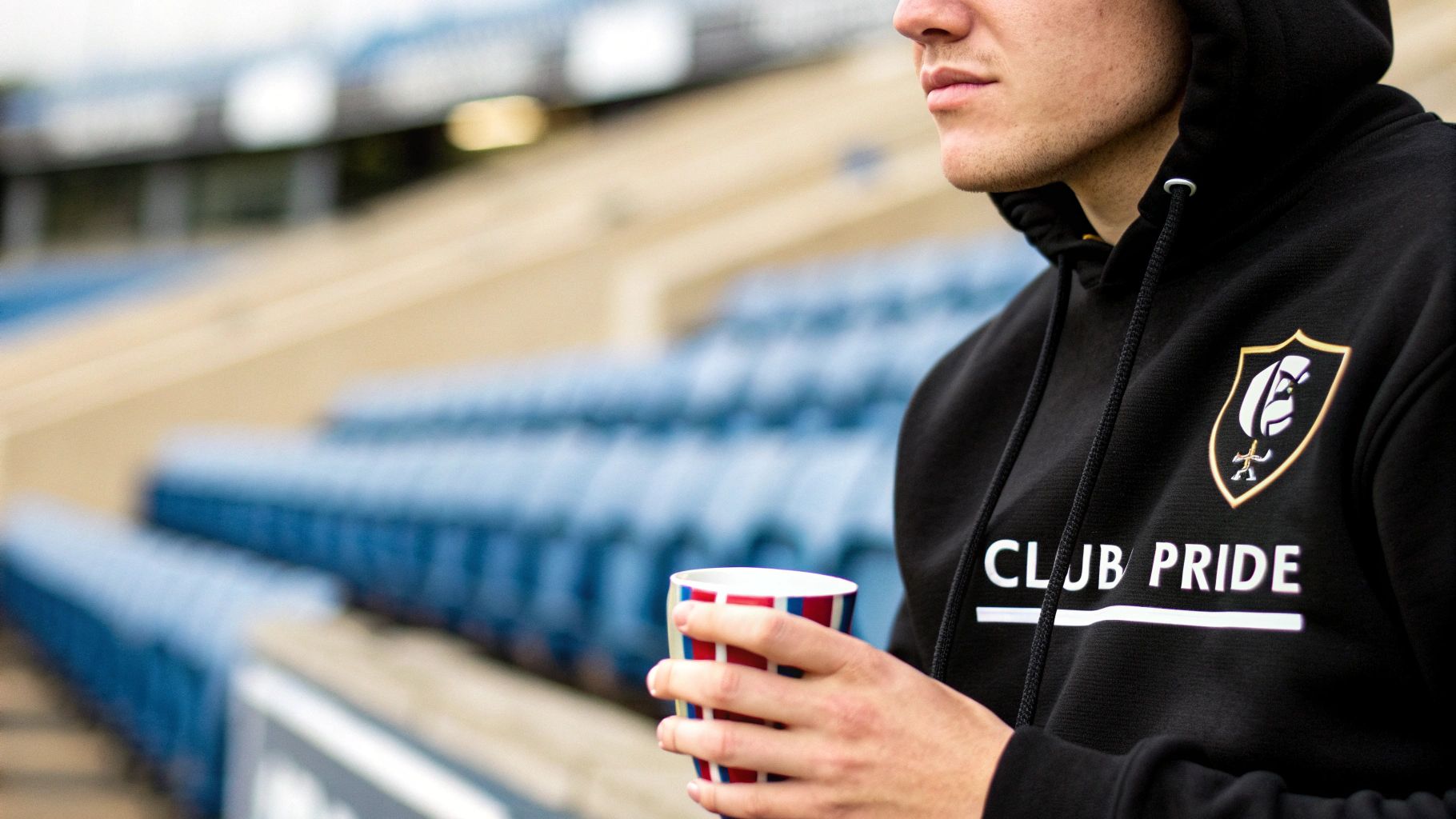 A person wearing a 'CLUB PRIDE' hoodie holds a striped cup at a football stadium.