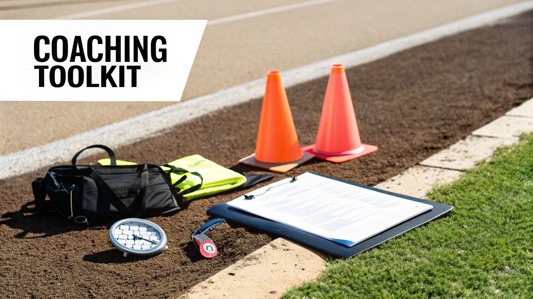 A collection of modern football coaching equipment laid out on a training pitch