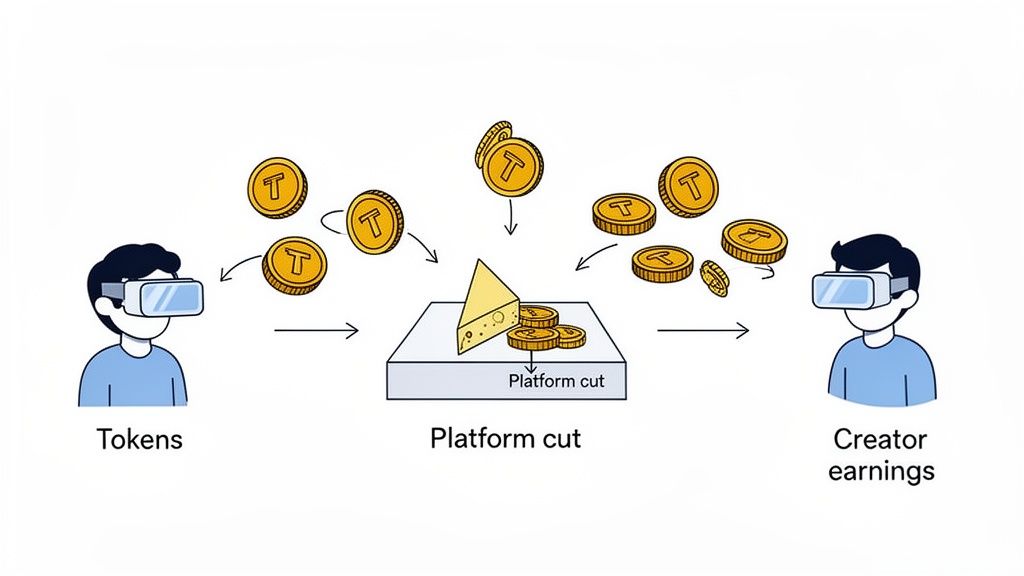 An illustration of a user's tokens flowing through a platform cut, resulting in creator earnings.