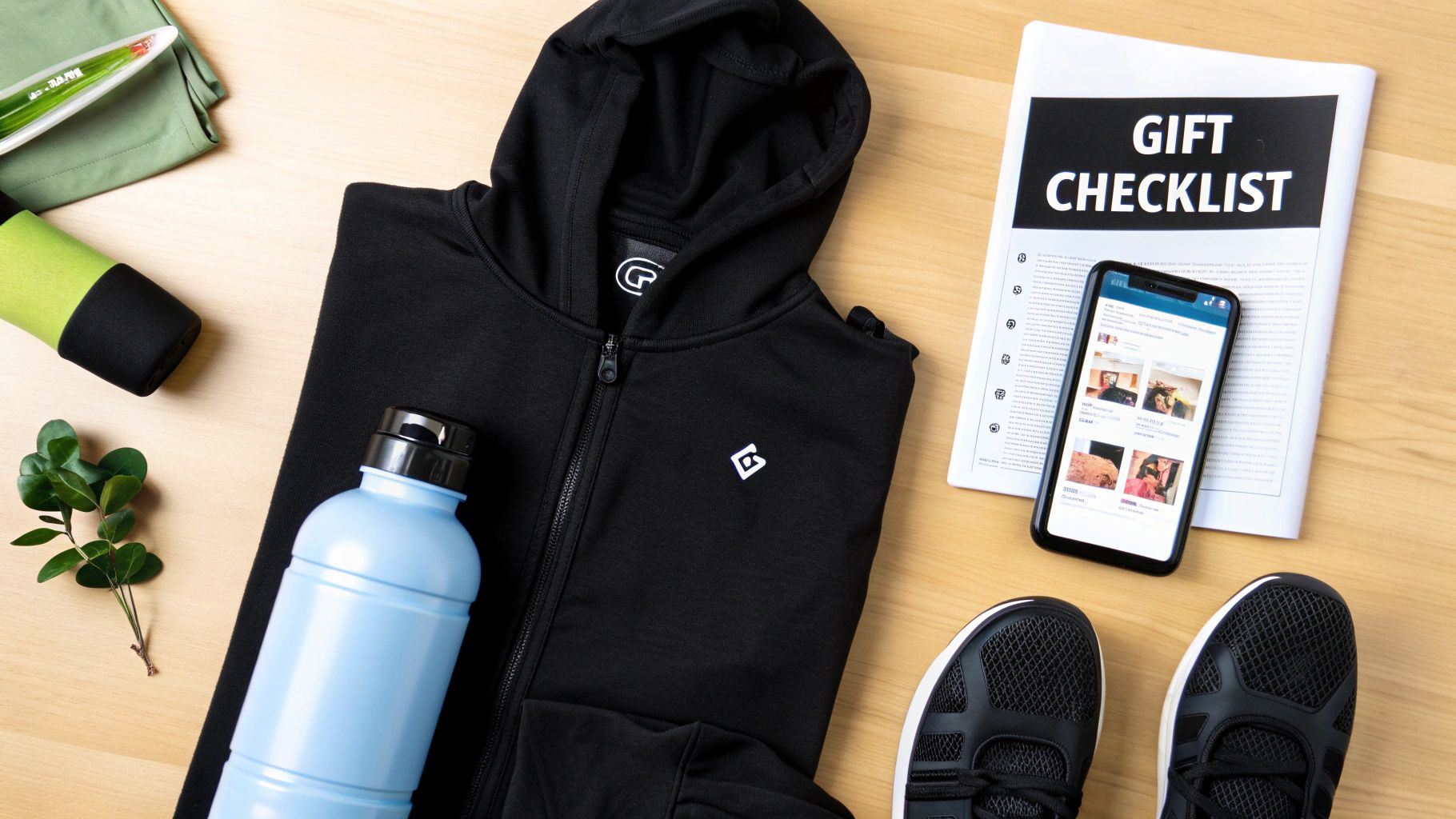 Flat lay of fitness essentials including a black hoodie, water bottle, sneakers, and a gift checklist, perfect for an active lifestyle.