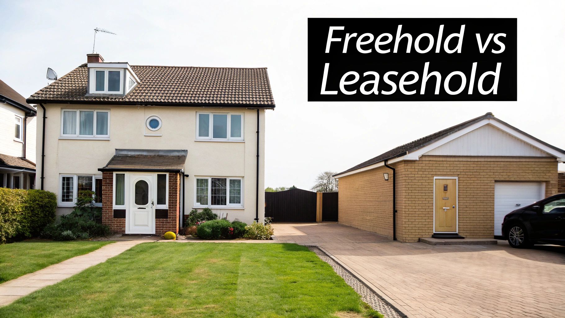 A modern suburban house with a green lawn, separate garage, and text 'Freehold vs Leasehold' overlay.