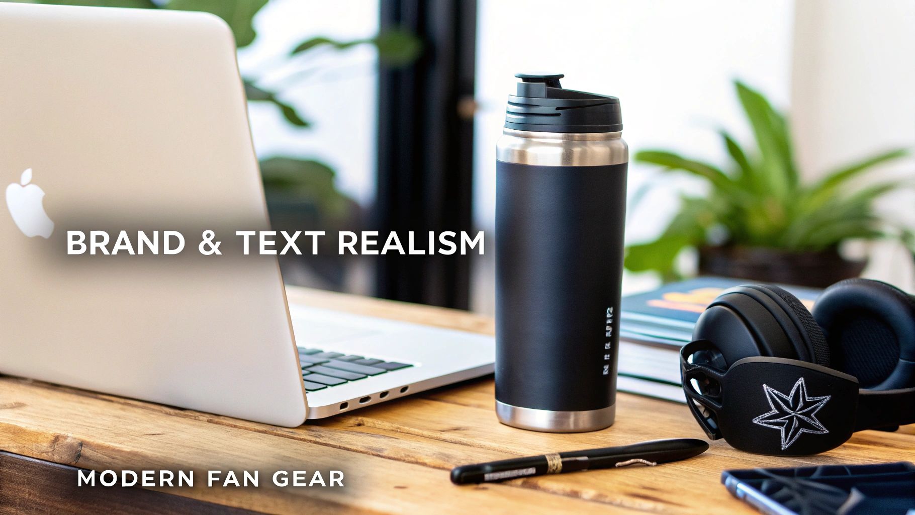 A desk setup with an Apple laptop, a black Miir water bottle, and headphones with a star logo.