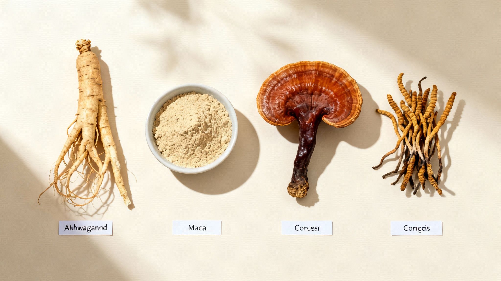 A woman holding a cup, surrounded by natural herbs and ingredients like ashwagandha and mushrooms, representing adaptogenic support.