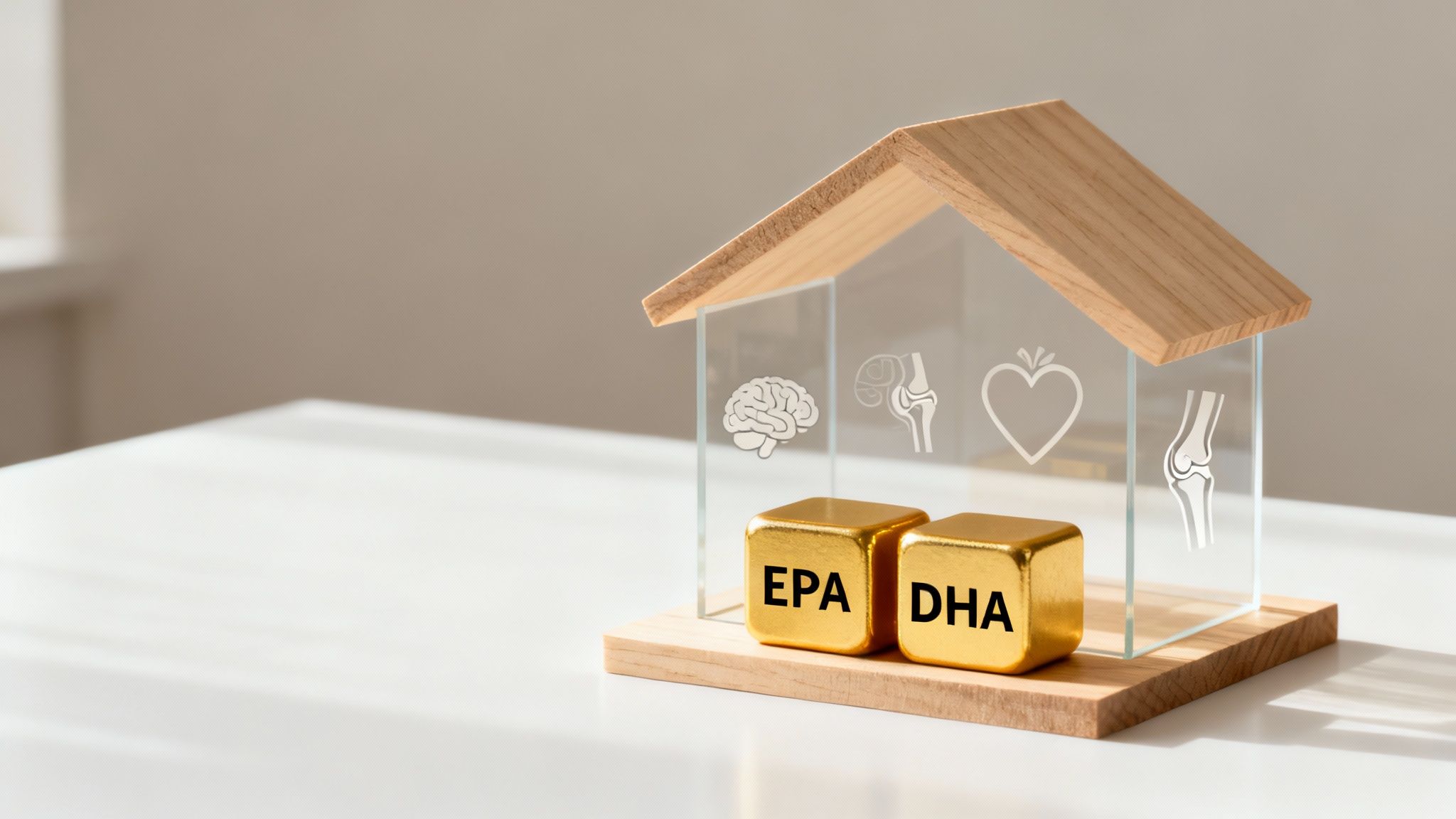 A house model with glass walls shows icons of brain, heart, and joints. Golden EPA and DHA cubes represent omega-3 benefits.