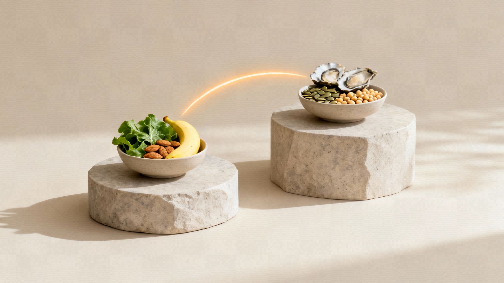 Bowls of magnesium and zinc-rich foods like oysters, almonds, and bananas on pedestals.