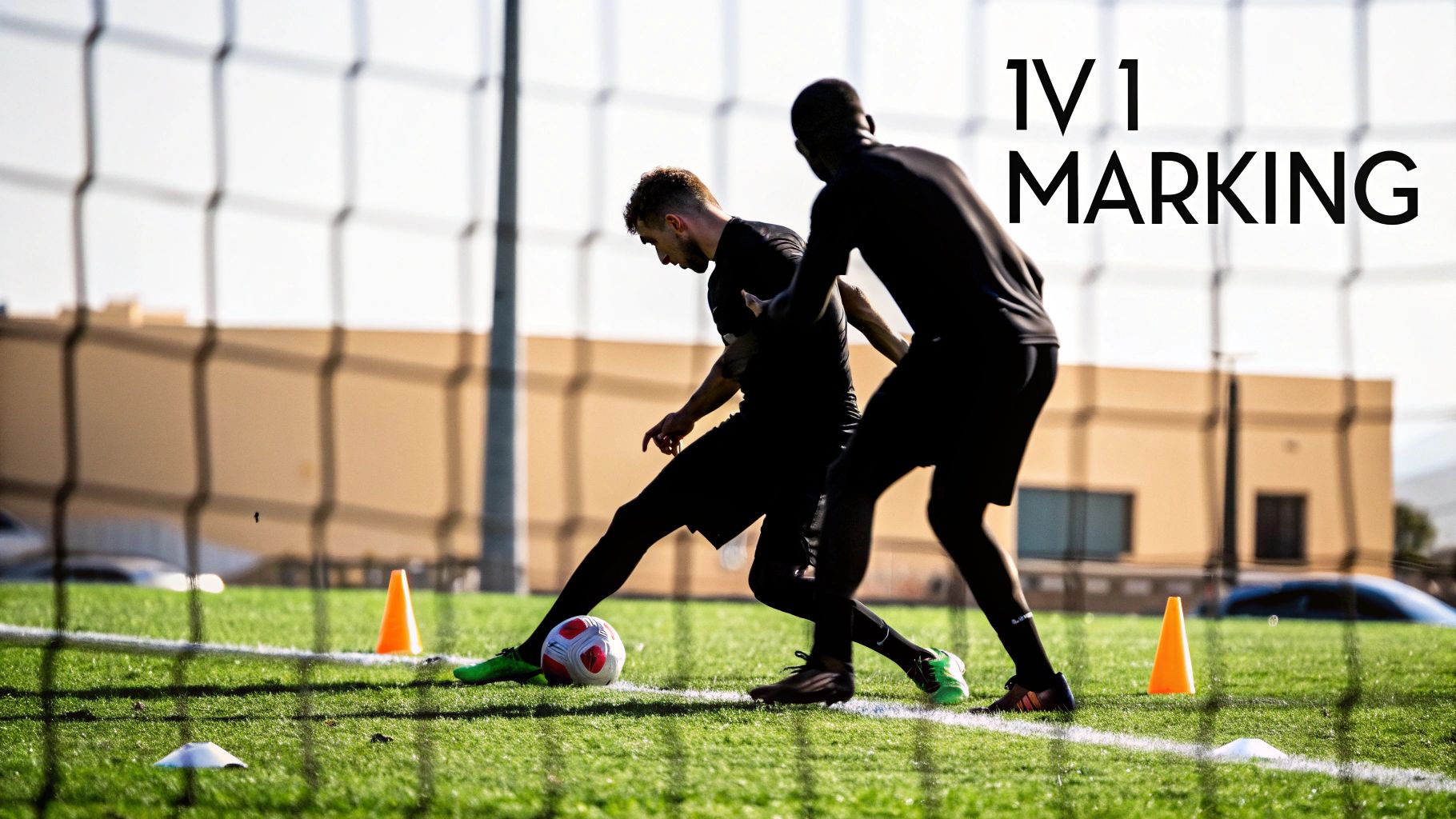Two male soccer players in black uniforms perform a 1v1 marking drill on a green field.