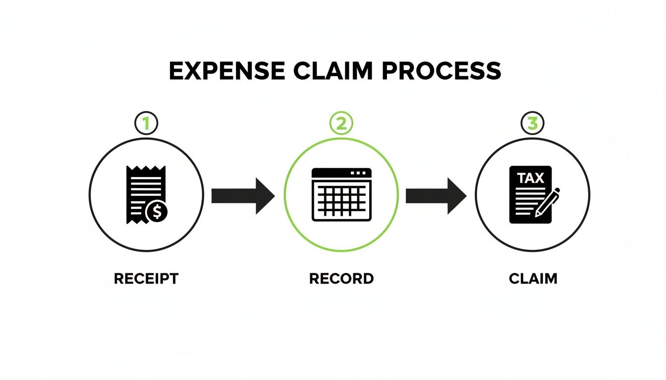 Flowchart illustrating the expense claim process: receipt, record, and claim with numbered steps.