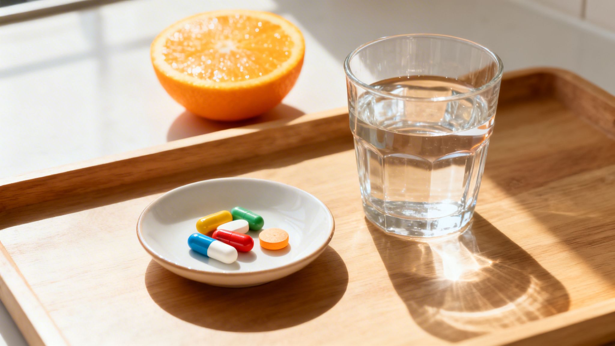 Colorful vitamins, a glass of water, and a sliced orange on a sunny wooden tray.