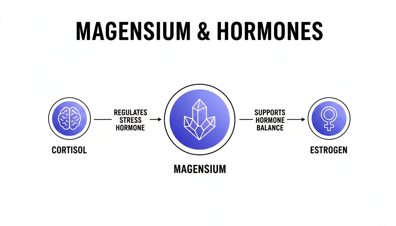 Infographic illustrating Magnesium's role in regulating cortisol stress hormones and supporting estrogen balance.