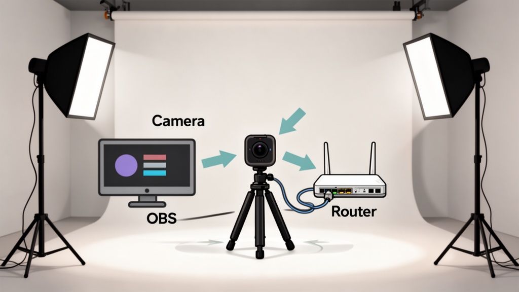 A VR camera on a tripod connected to a monitor with OBS and a router in a studio setup.