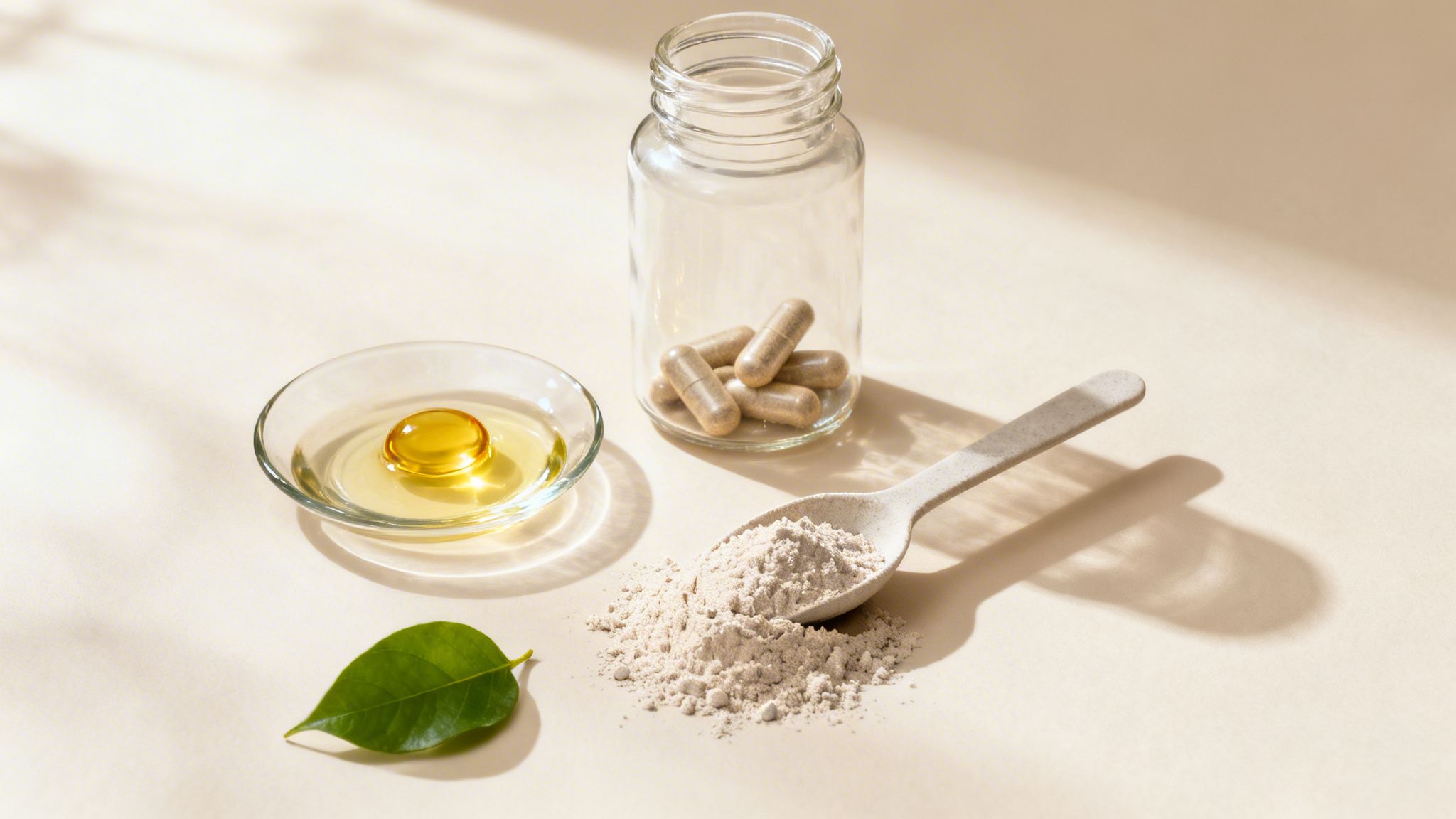 Natural supplements: bottle with capsules, spoon with powder, oil, and green leaf on a light background.