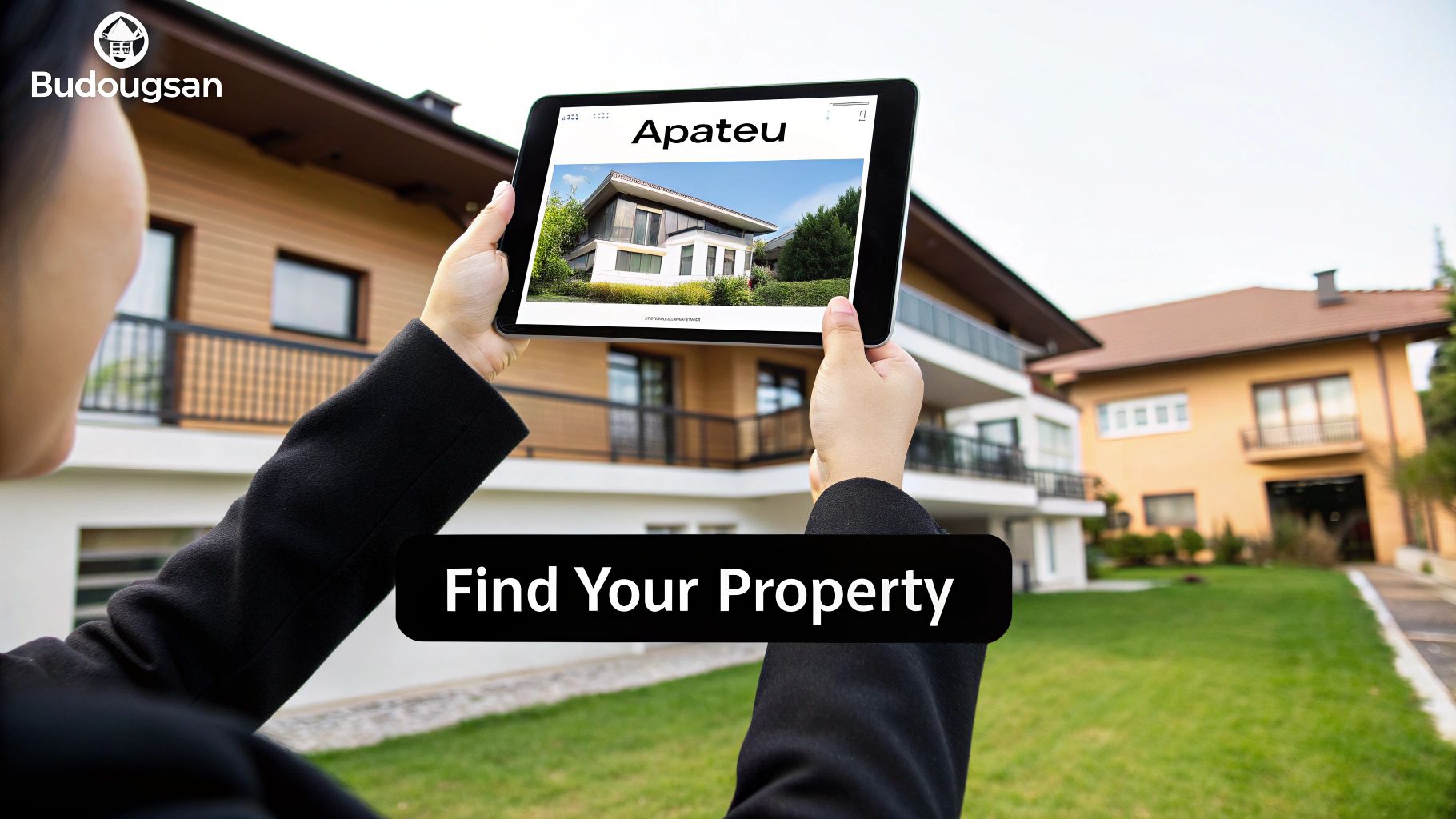 A person holds a tablet displaying a modern house, with real houses and 'Find Your Property' text in the background.