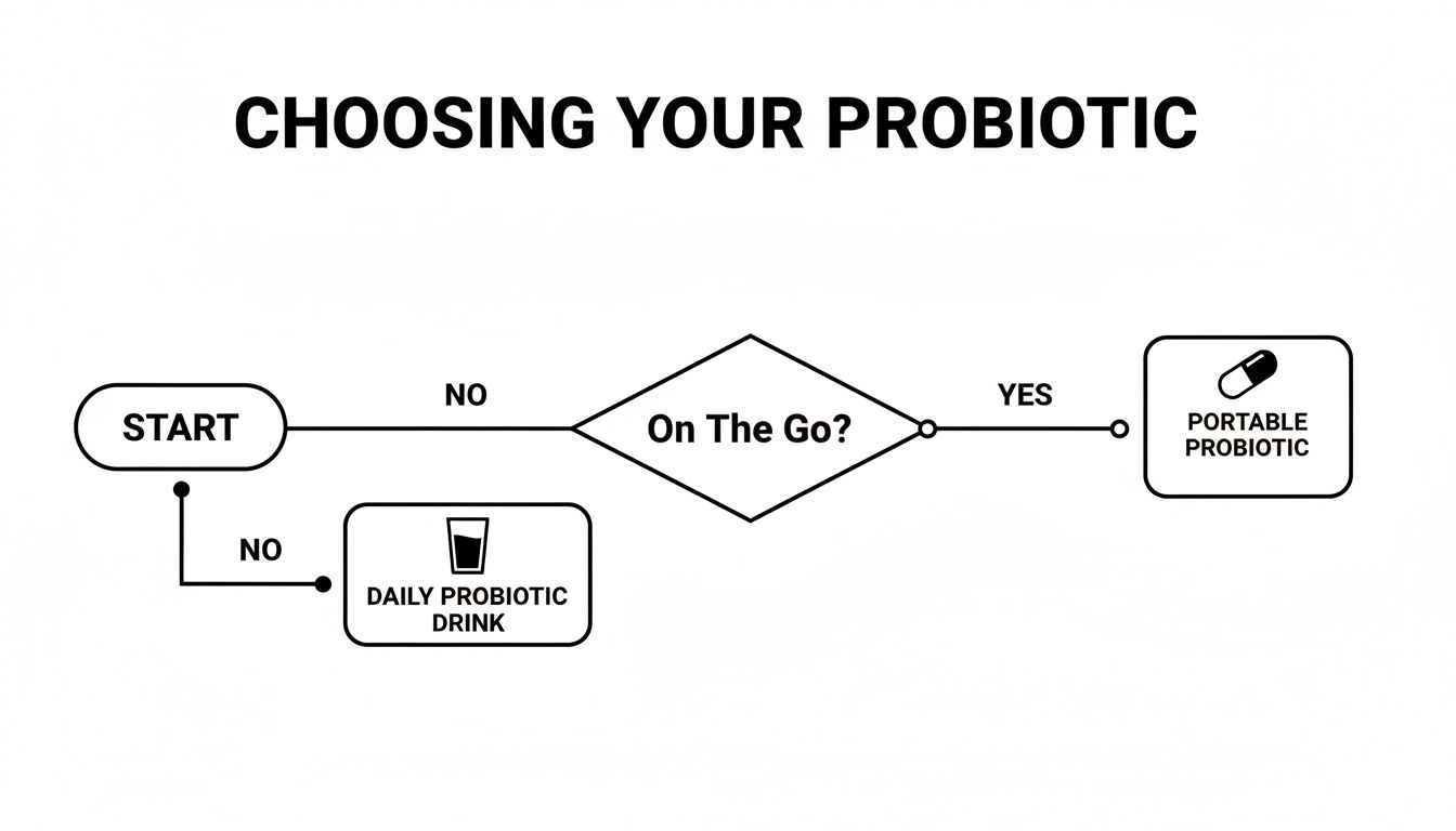 Flowchart illustrating the choice between daily probiotic drinks and portable probiotic capsules.