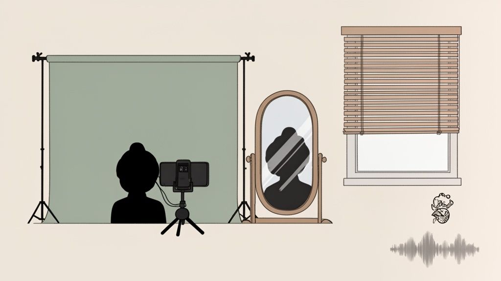 Illustration of a person recording a video with a smartphone, green screen, mirror, and window.