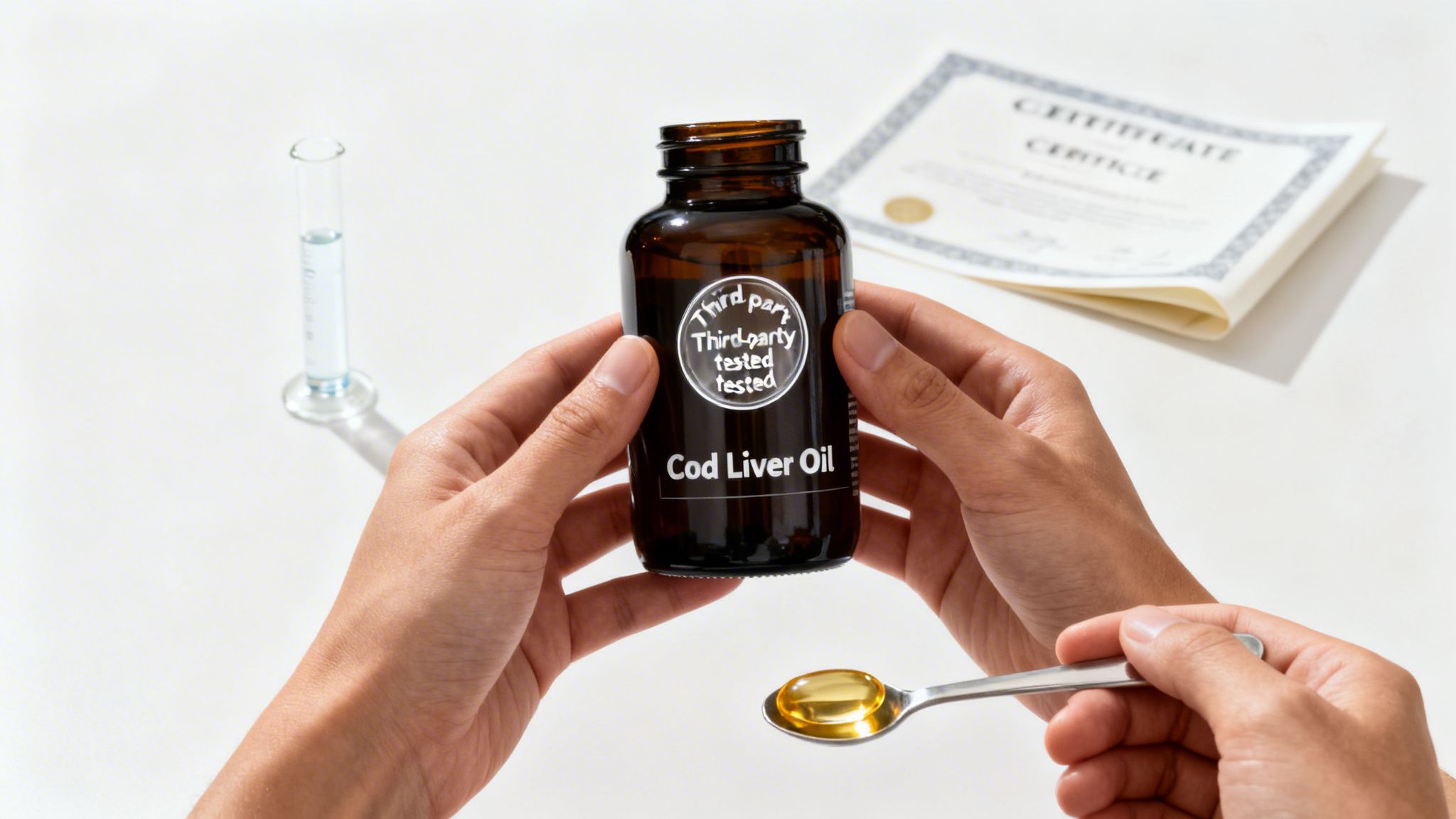 Person holding a bottle of third-party tested Cod Liver Oil and a spoon of oil.