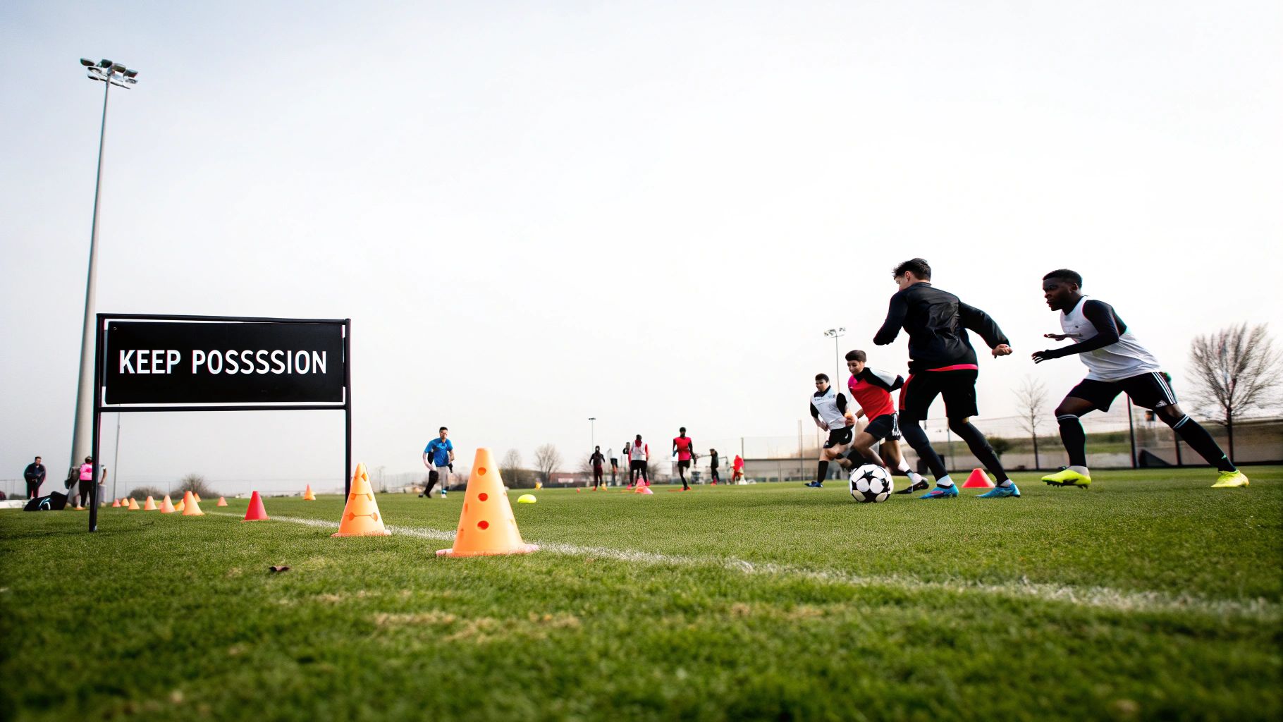 Football players training on a grassy field with cones and a 'KEEP POSSESSION' sign.