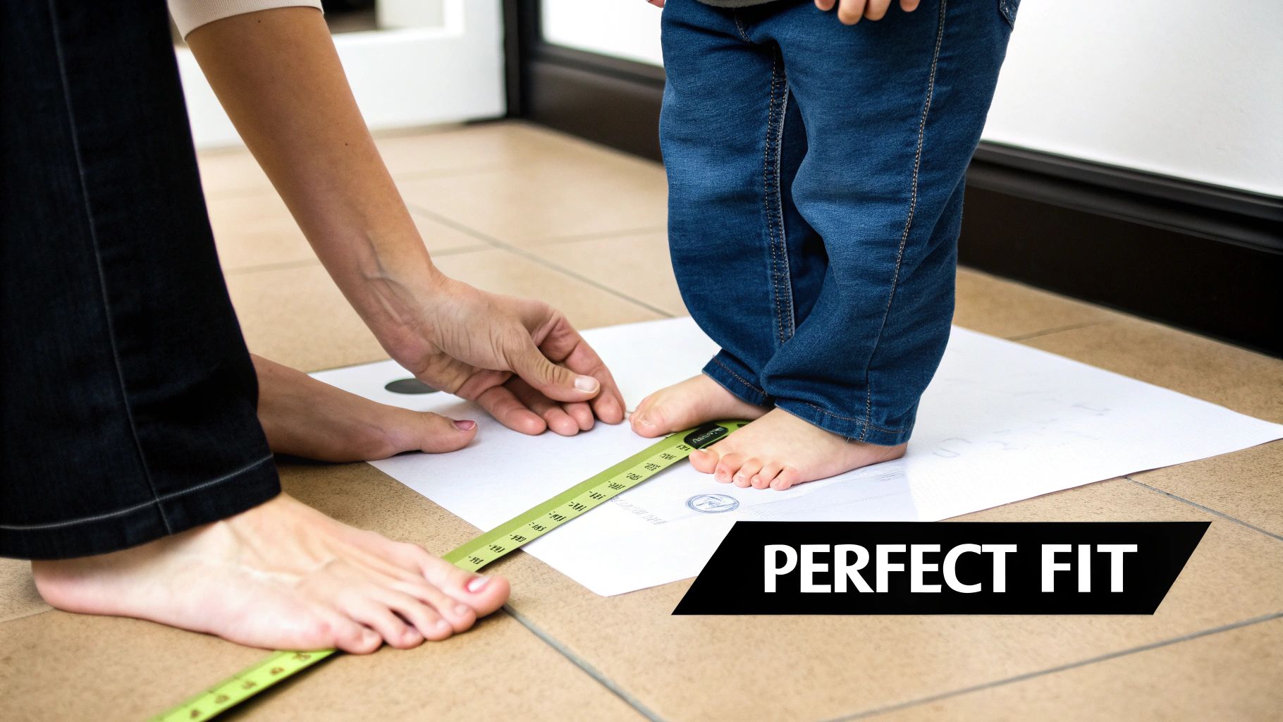 An adult helps measure a child's barefoot with a tape measure on paper for shoe sizing.