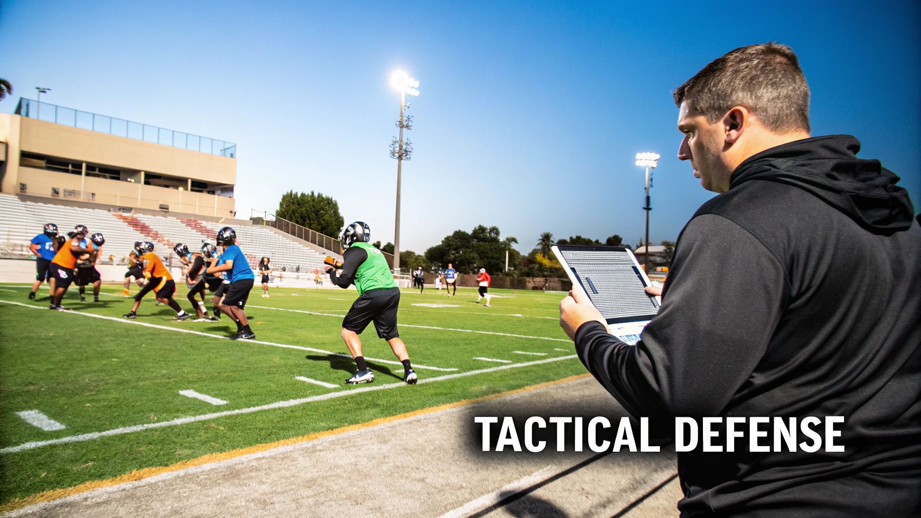 A team of soccer players in a huddle during a training session