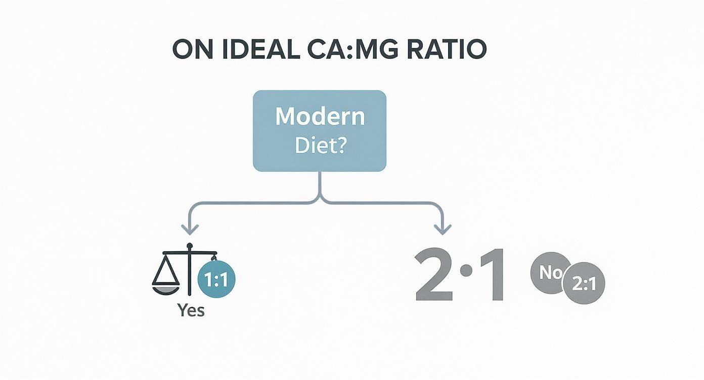 An infographic decision tree helping to determine the ideal calcium to magnesium ratio based on diet.