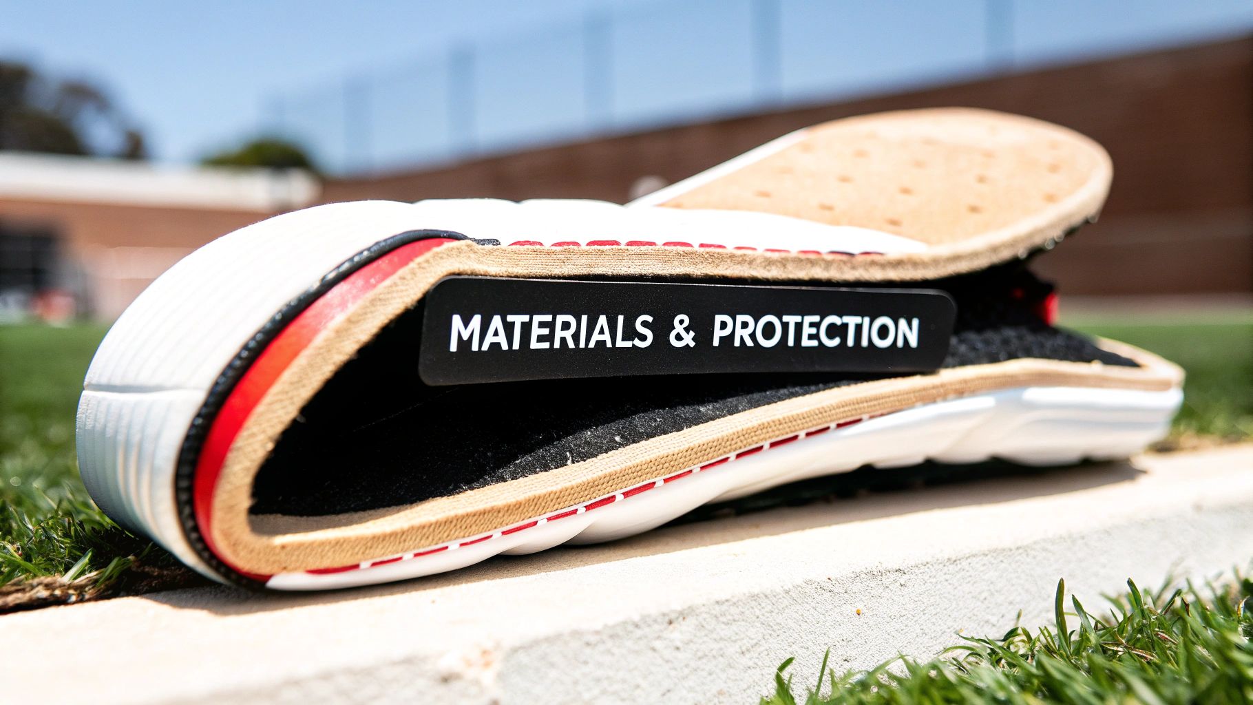 Detailed cross-section of athletic footwear, revealing internal layers and a 'MATERIALS & PROTECTION' label.