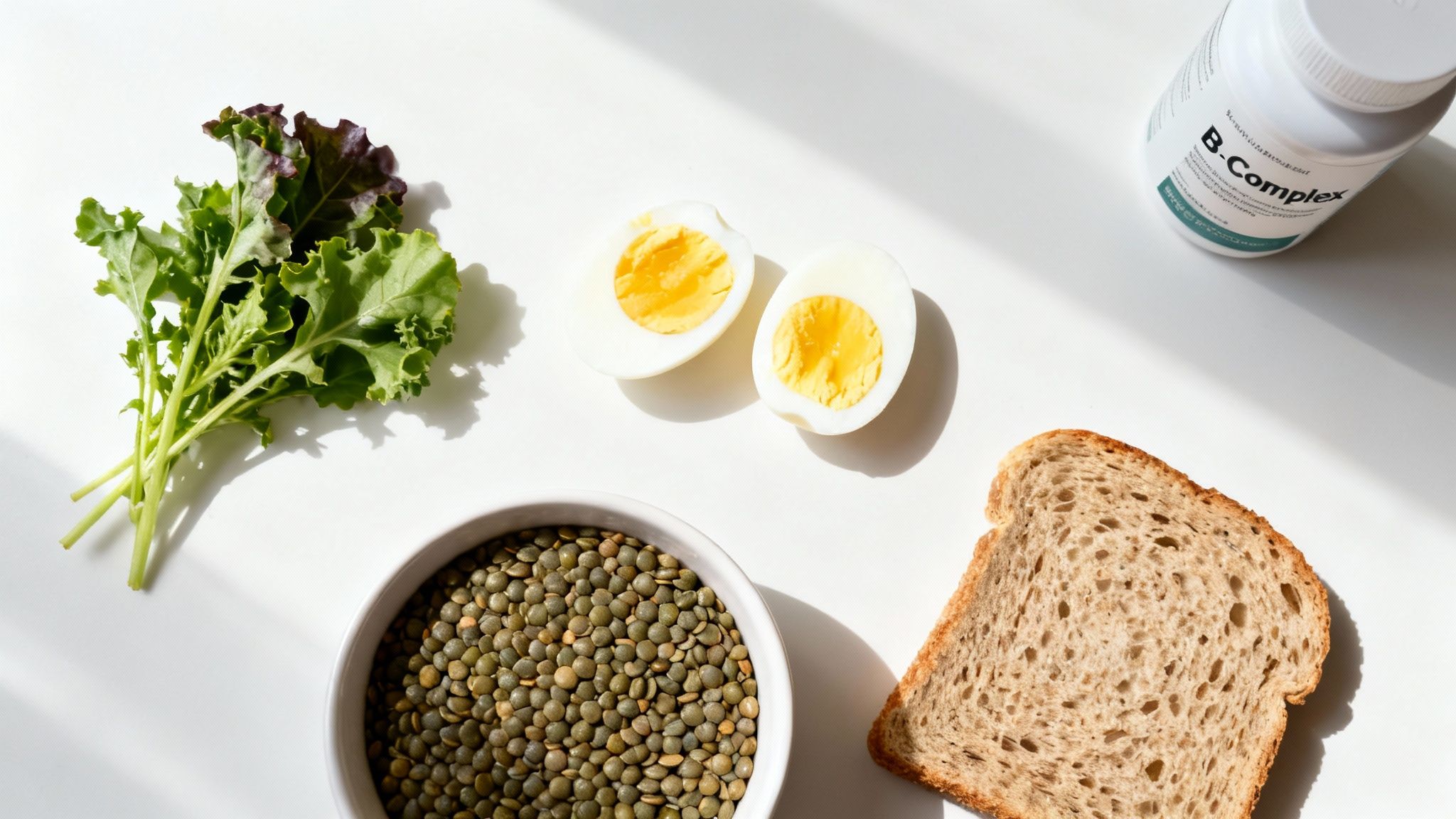 Image of B vitamins in food sources like leafy greens and eggs