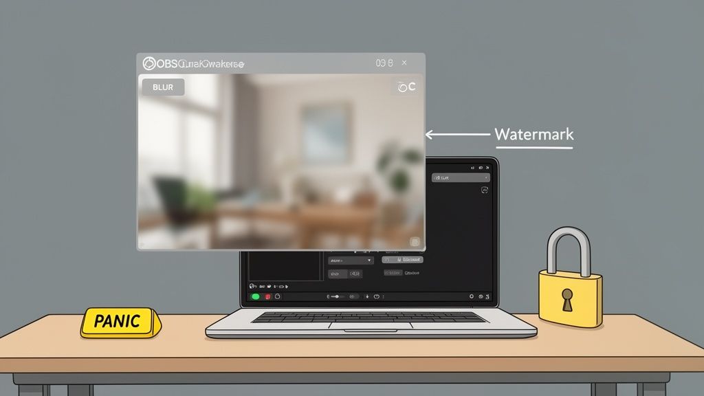 A laptop on a desk showing a blurred OBS window with a watermark, alongside a panic button and a padlock.