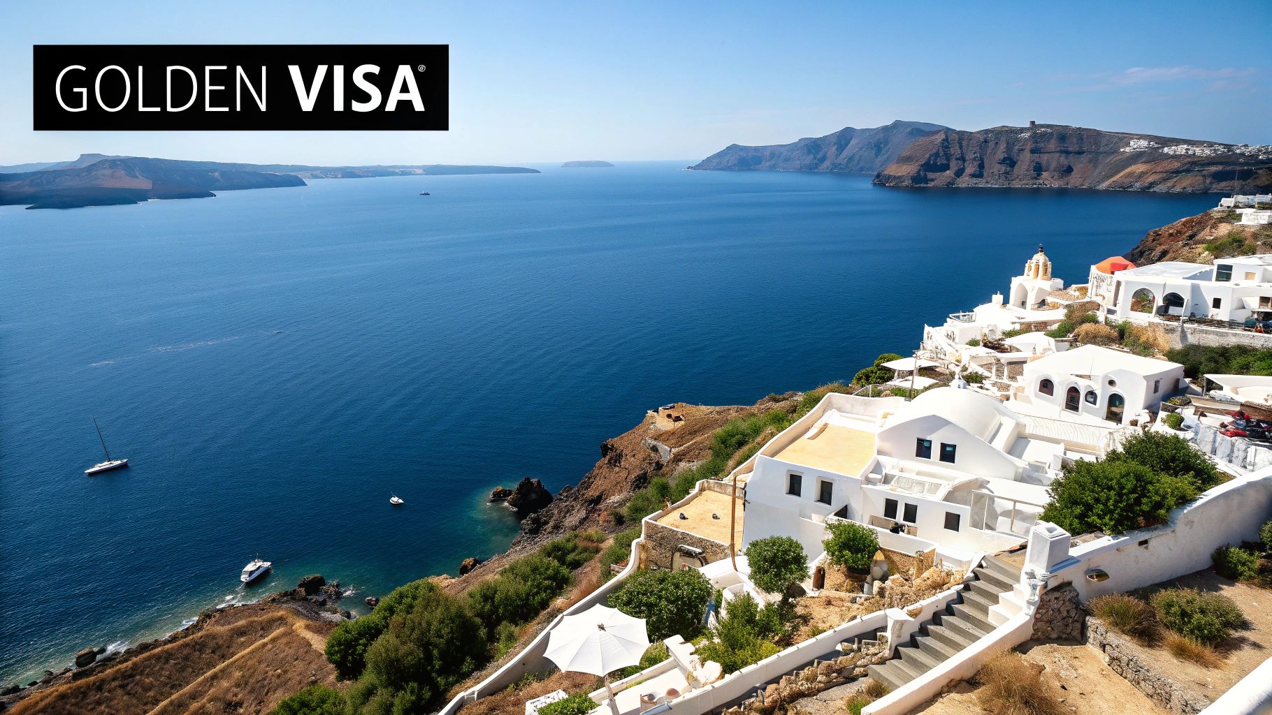 A panoramic view of white houses on a cliff overlooking the Aegean Sea in Santorini, Greece.
