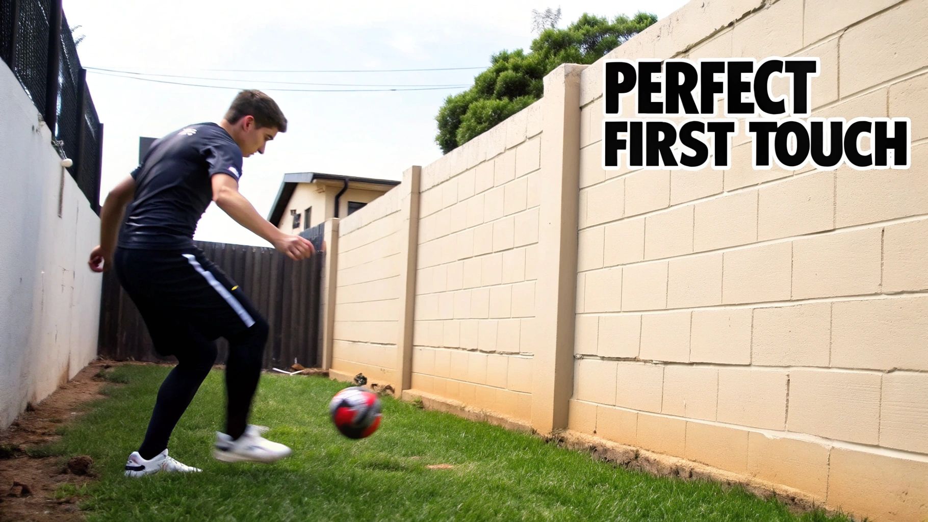 A young man practices football in a backyard, kicking a ball towards a wall with text 'PERFECT FIRST TOUCH'.