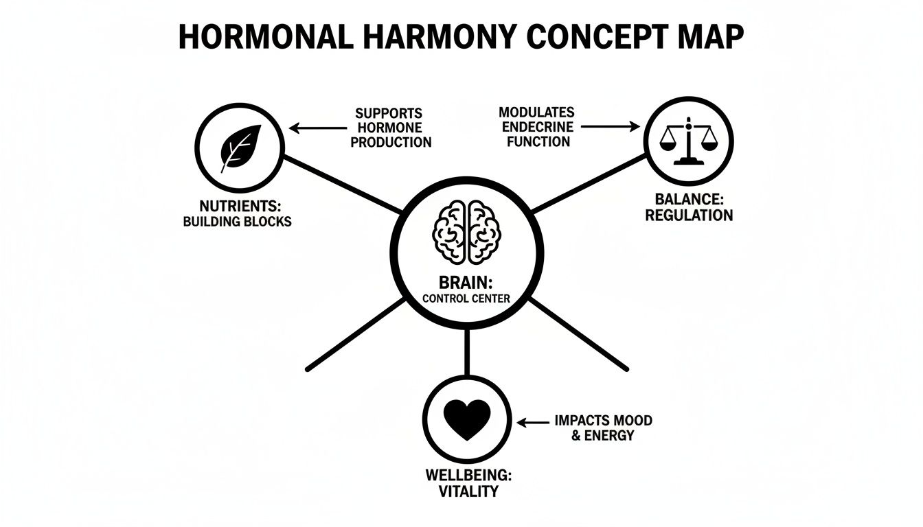 Concept map illustrating hormonal harmony with the brain as the control center, connecting nutrients, balance, and wellbeing.