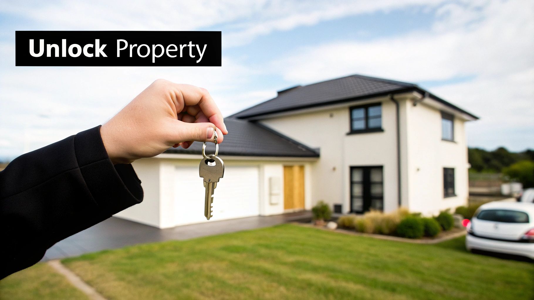 A hand holds house keys in front of a modern white house with a green lawn under a cloudy sky.
