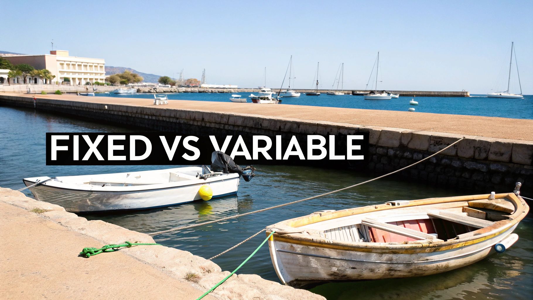 Two small boats tied to a stone dock in a sunny harbor, with sailboats and buildings in the background.