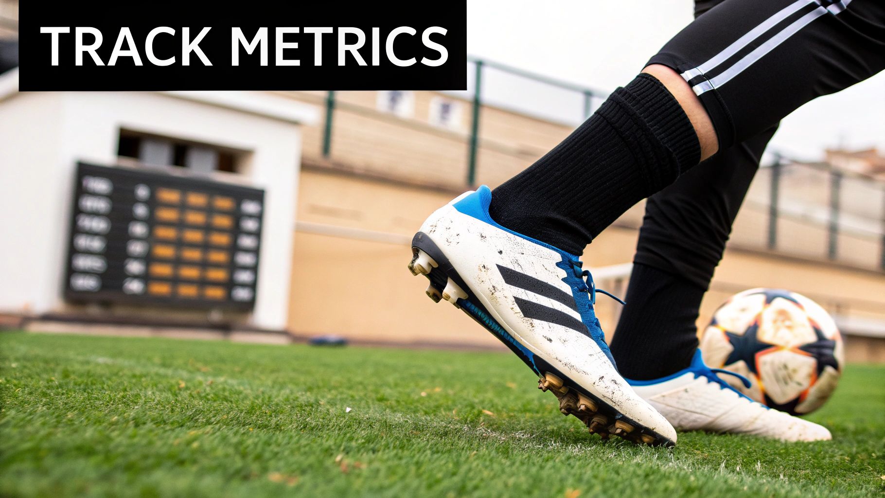 A player checking performance metrics from smart shin guards on a smartphone app.