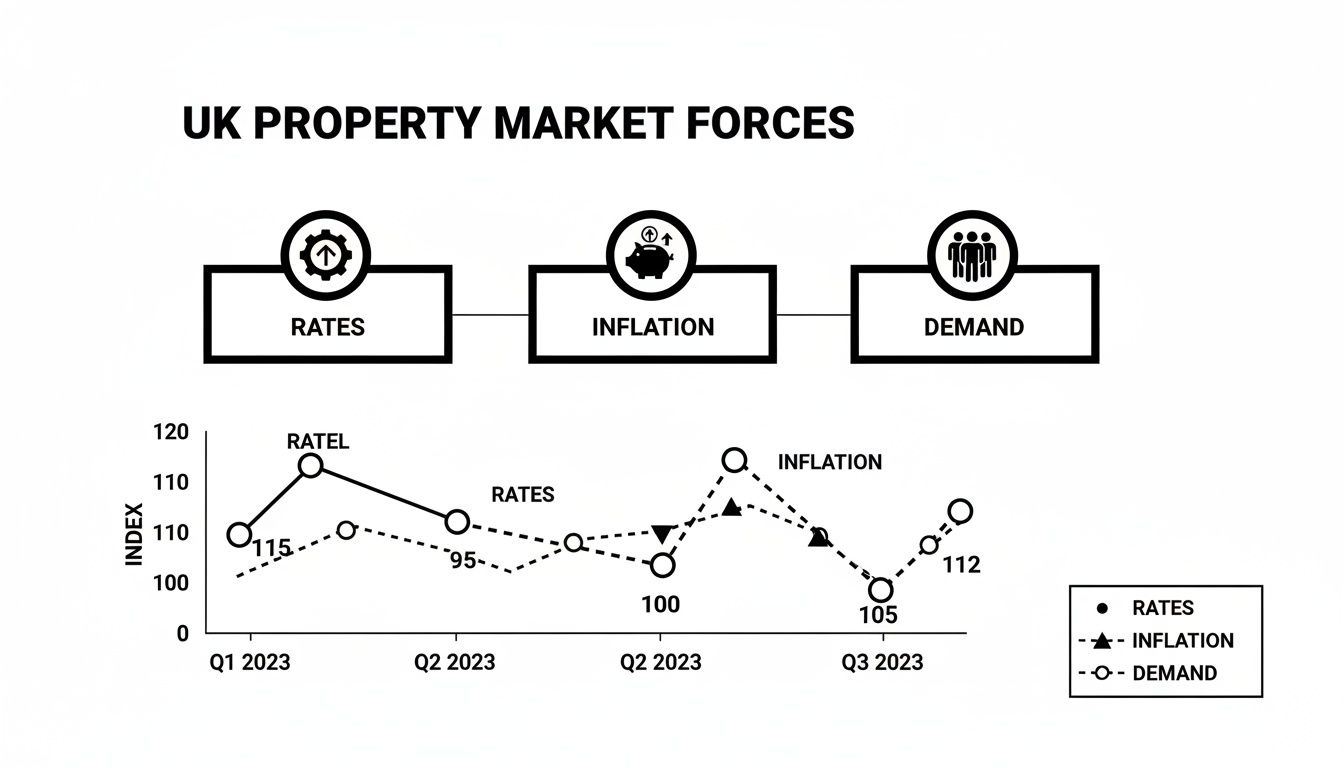 Chart illustrating UK property market forces including rates, inflation, and demand trends from Q1 to Q3 2023.