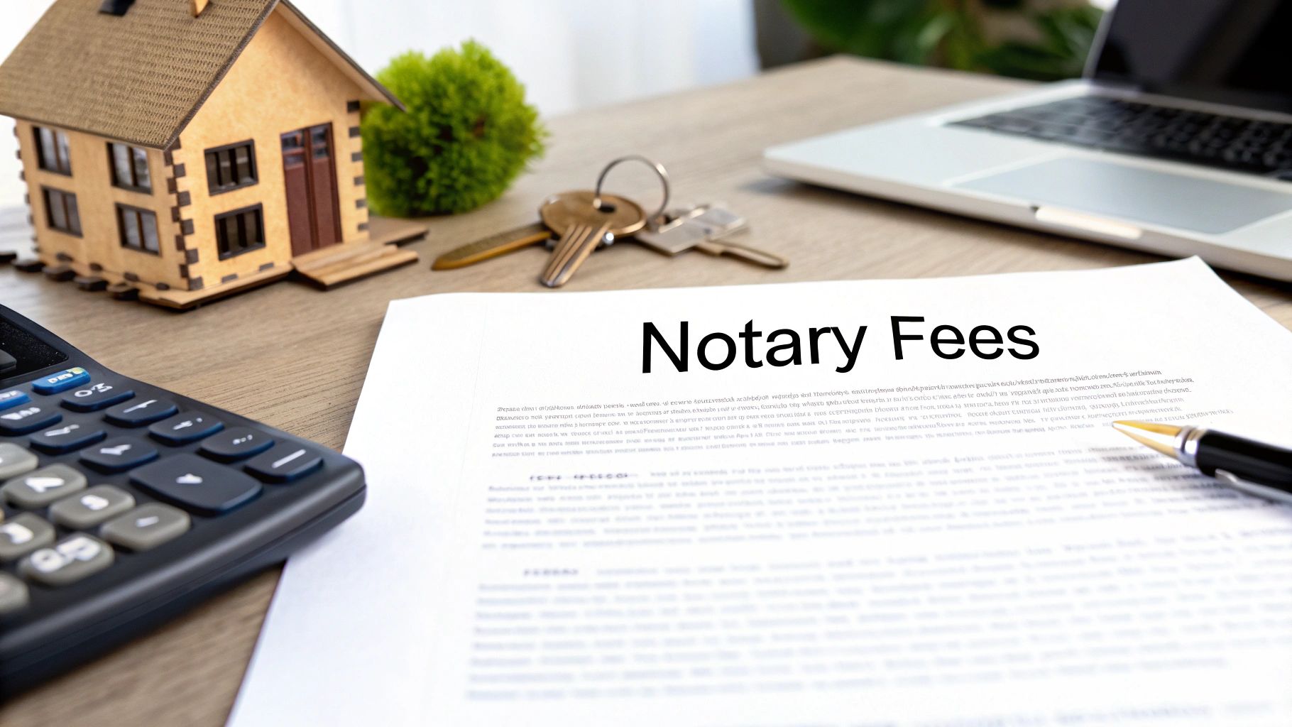 A desk with a model house, calculator, keys, laptop, and a document titled 'Notary Fees'.