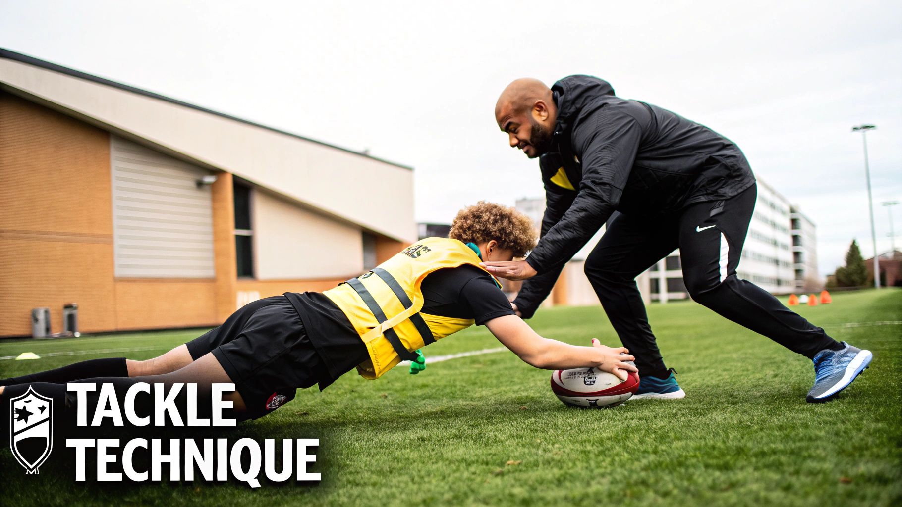 A coach teaches a player tackle technique during a rugby training session on a field.