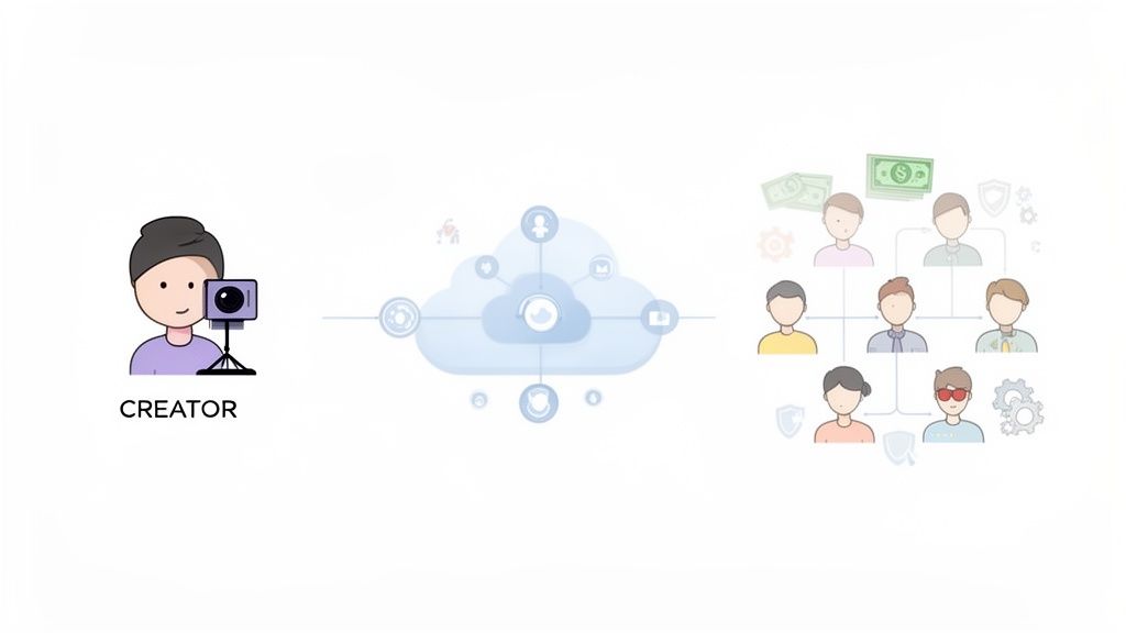 Illustration of a creator making content, a cloud platform, and an audience receiving content with benefits.